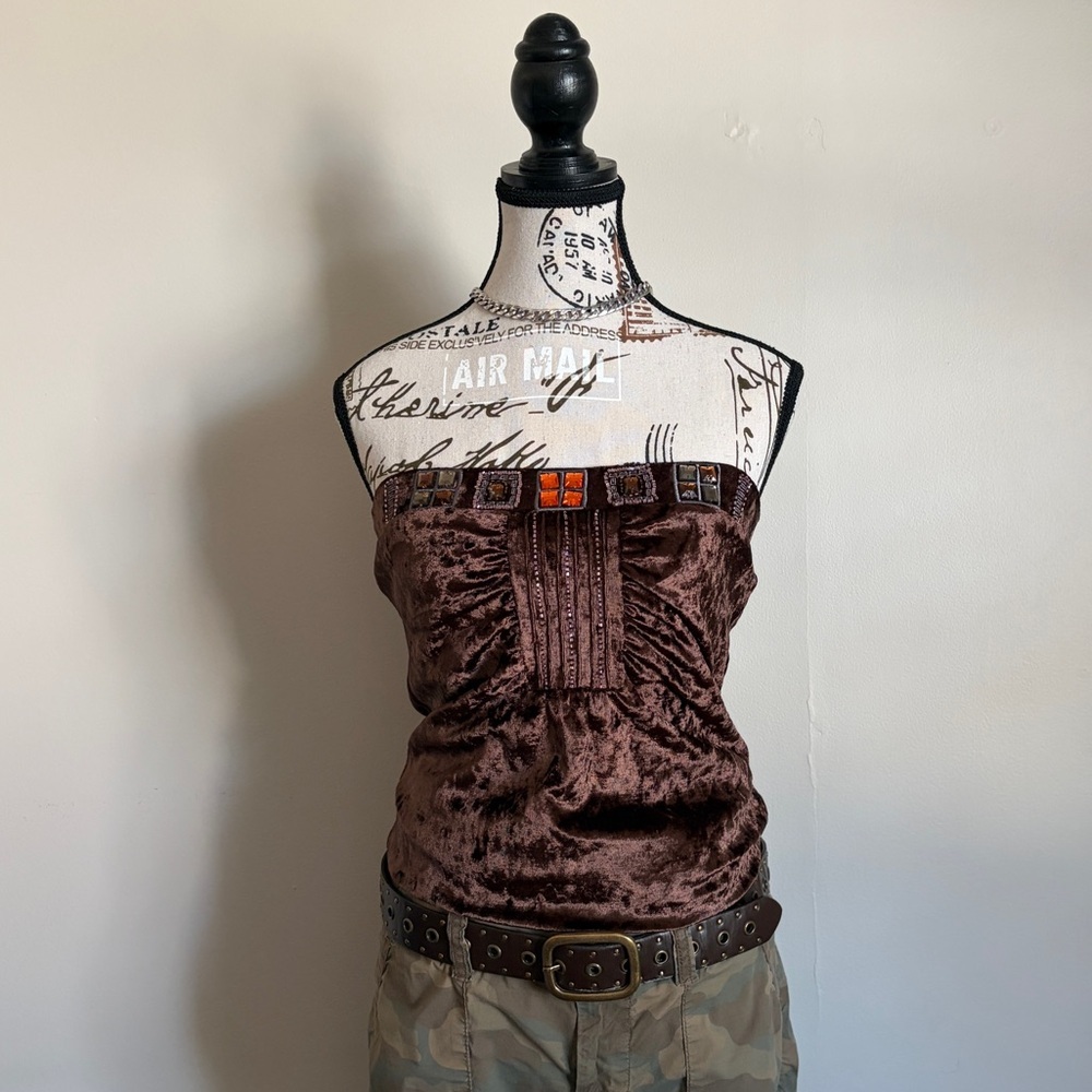Y2K beaded brown velvet tube top